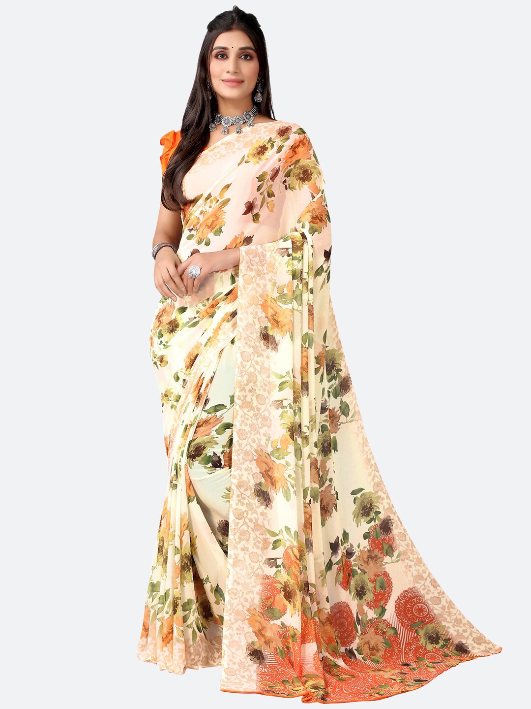 

KALINI Cream-Coloured & Orange Floral Printed Saree