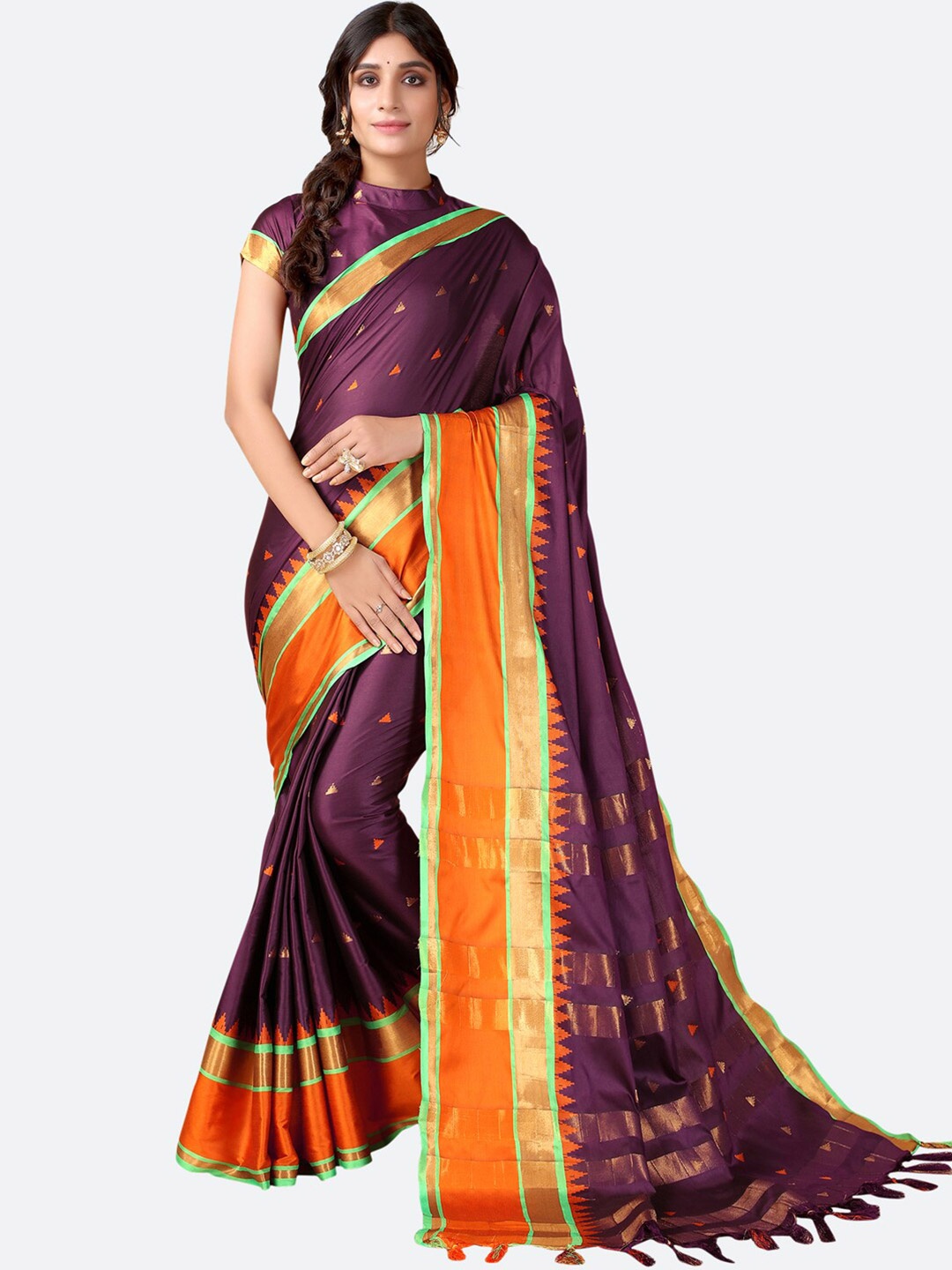 

KALINI Purple & Orange Woven Design Poly Silk Saree