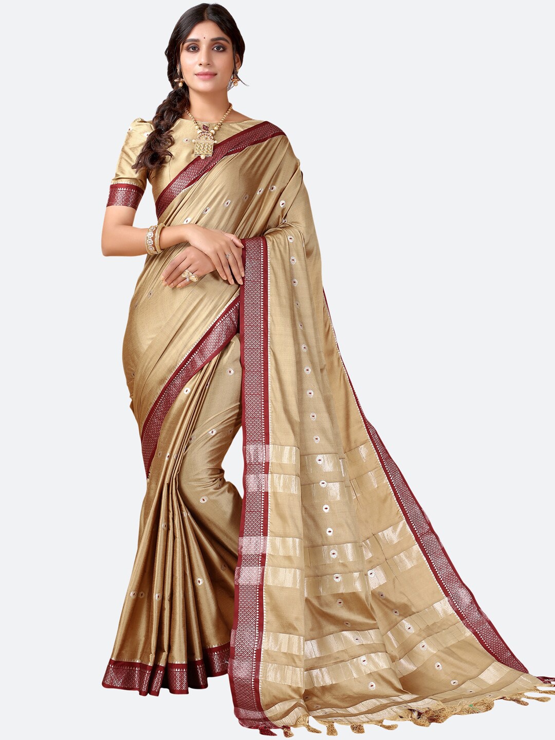 

KALINI Beige & Maroon Woven Design Zari Saree