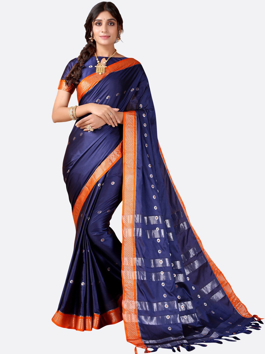 

KALINI Navy Blue & Orange Zari Saree