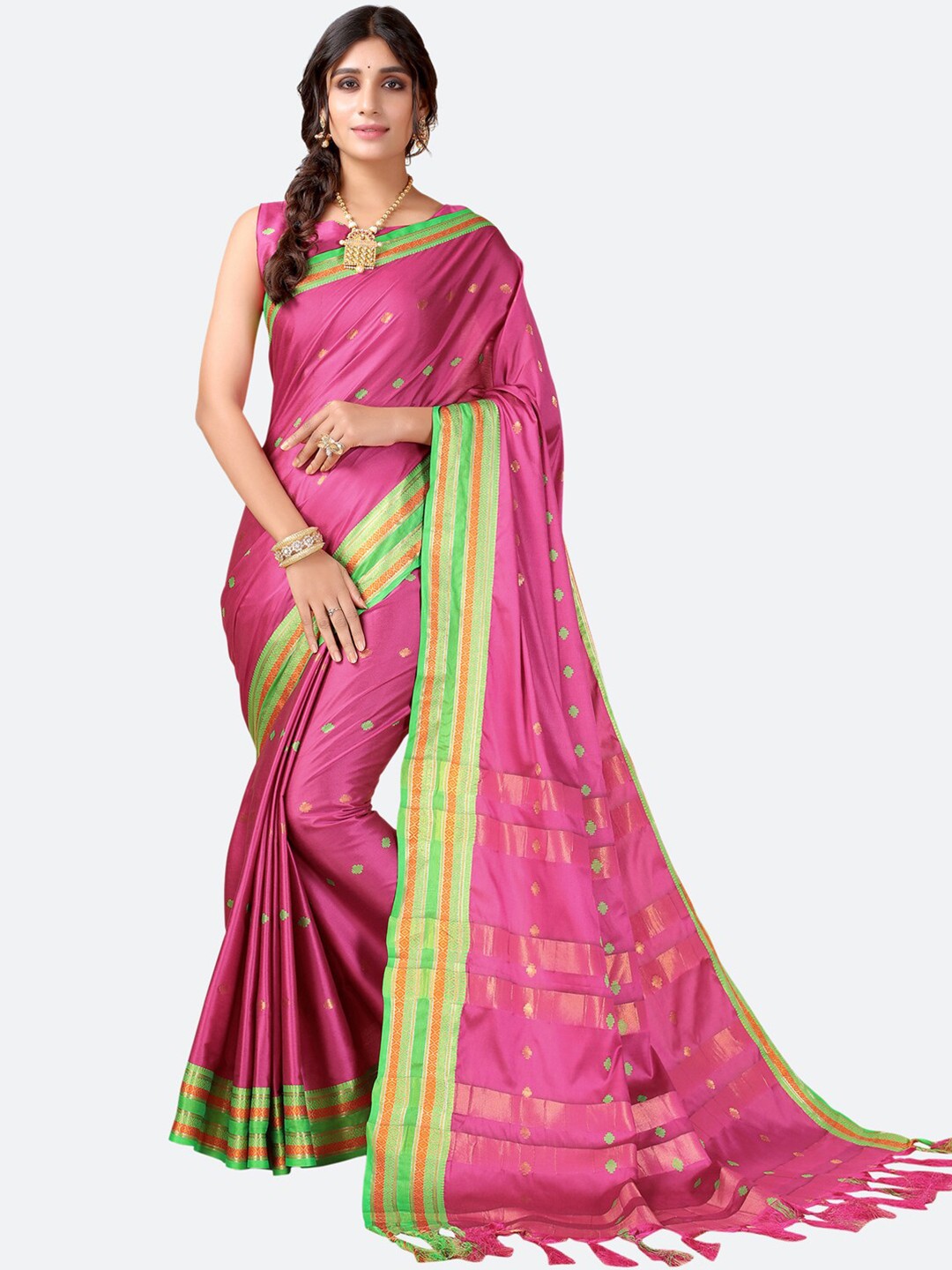 

KALINI Pink & Green Woven Design Poly-Silk Saree