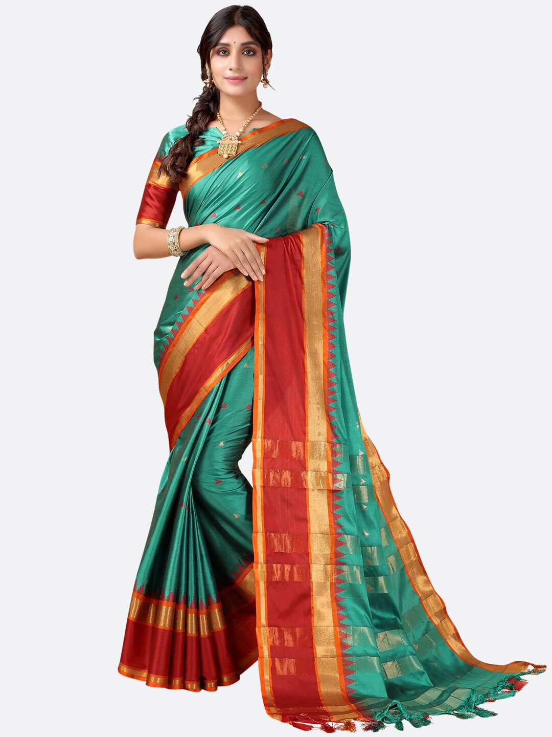 

KALINI Green & Red Woven Design Narayan Peth Saree