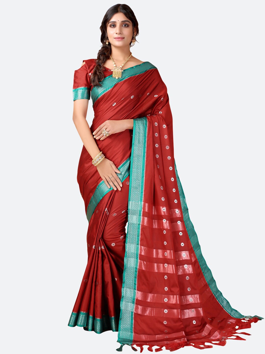 

KALINI Maroon Woven Design Narayan Peth Saree