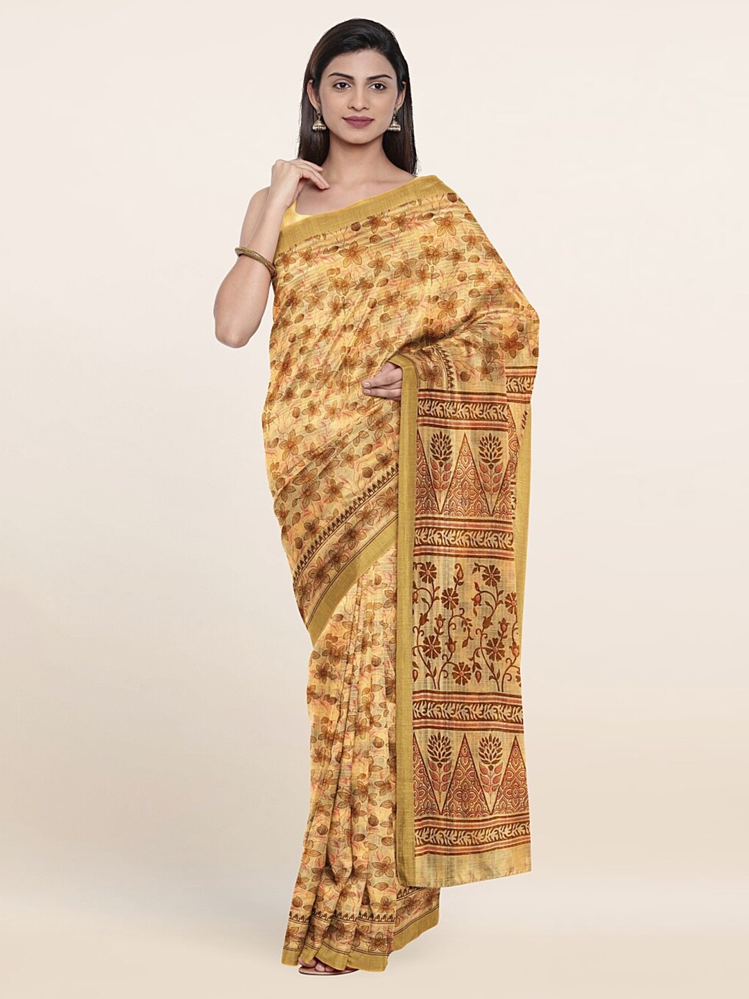 

Pothys Yellow & Brown Floral Printed Cotton Blend Saree