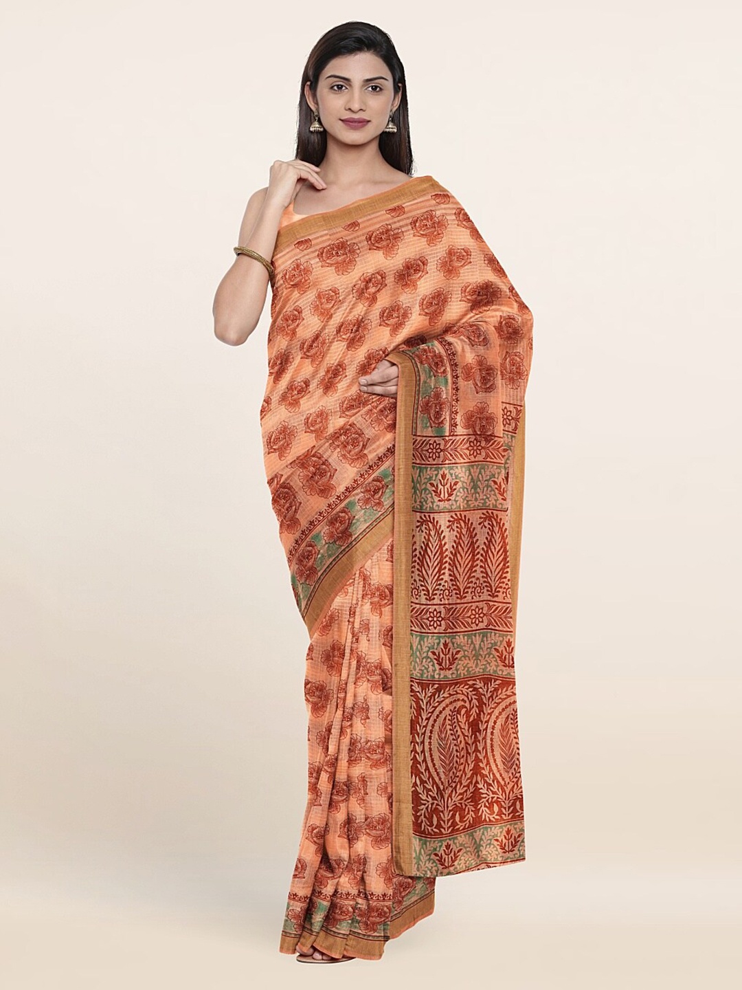 

Pothys Peach-Coloured & Brown Floral Zari Saree