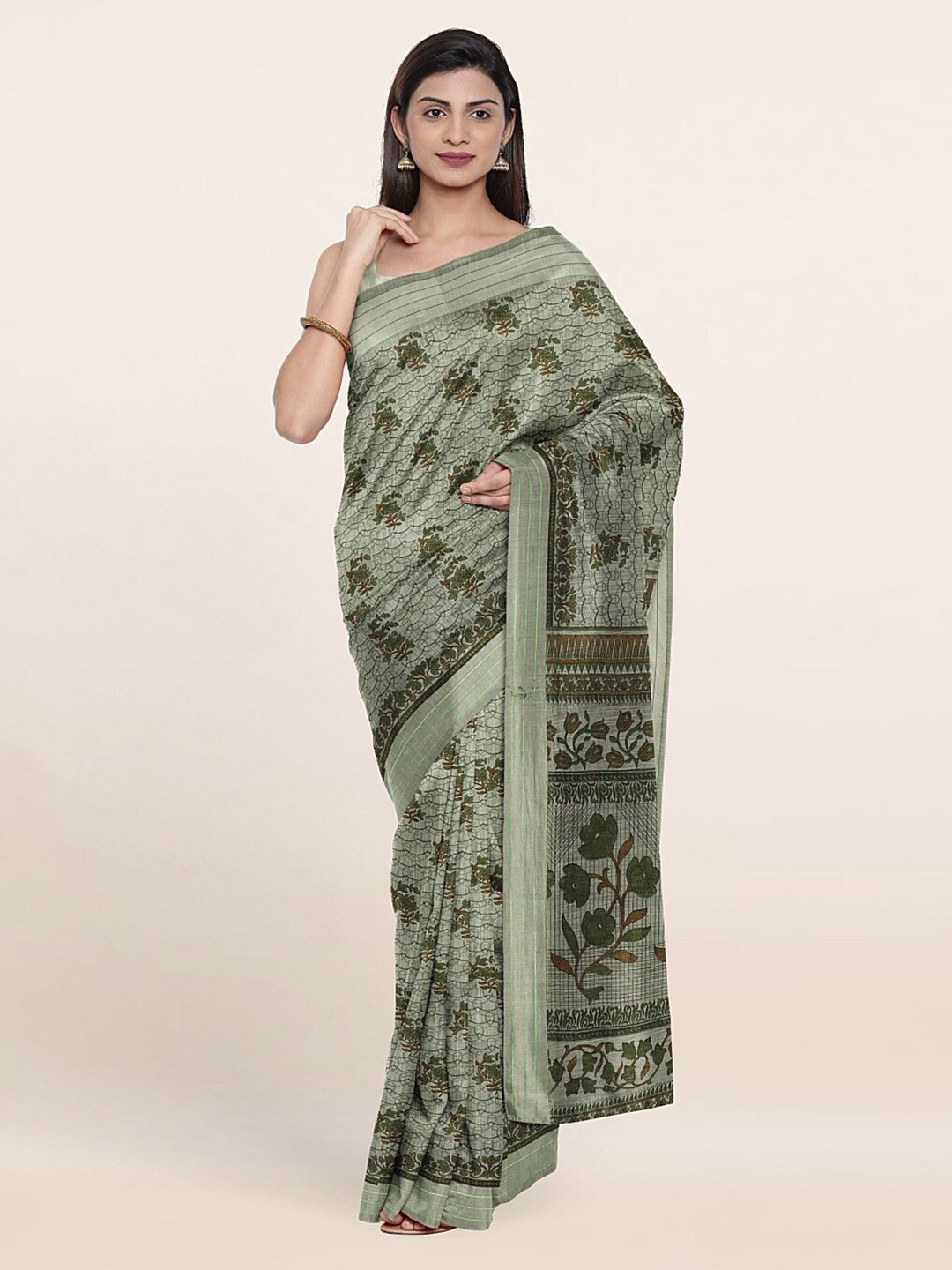 

Pothys Green & Grey Floral Saree