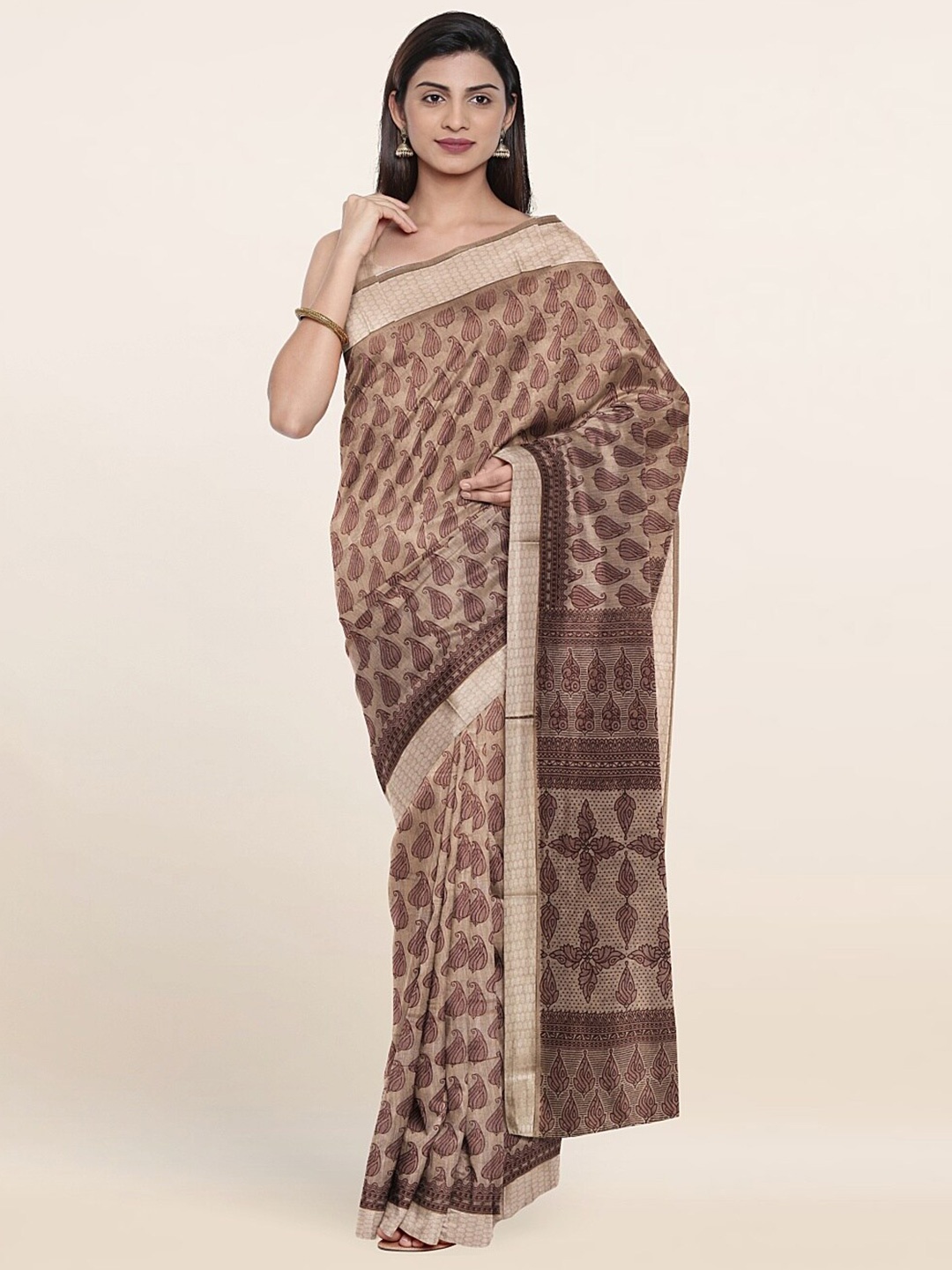 

Pothys Beige & Brown Paisley Printed Saree