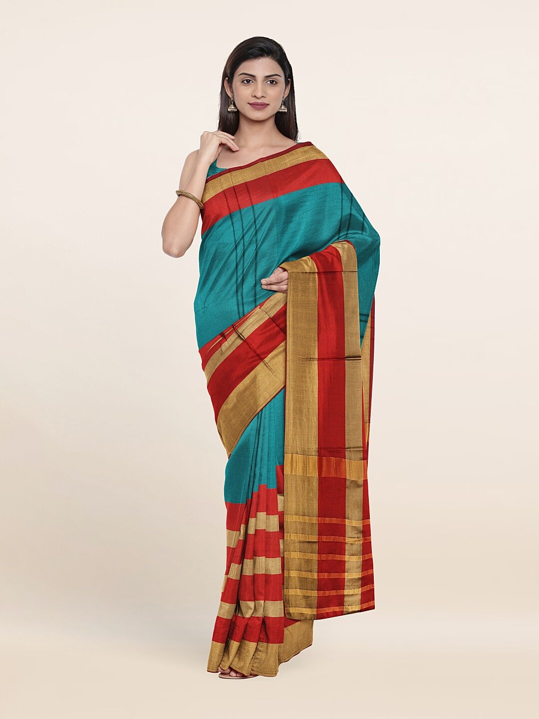 

Pothys Teal & Red Striped Printed Cotton Blend Saree