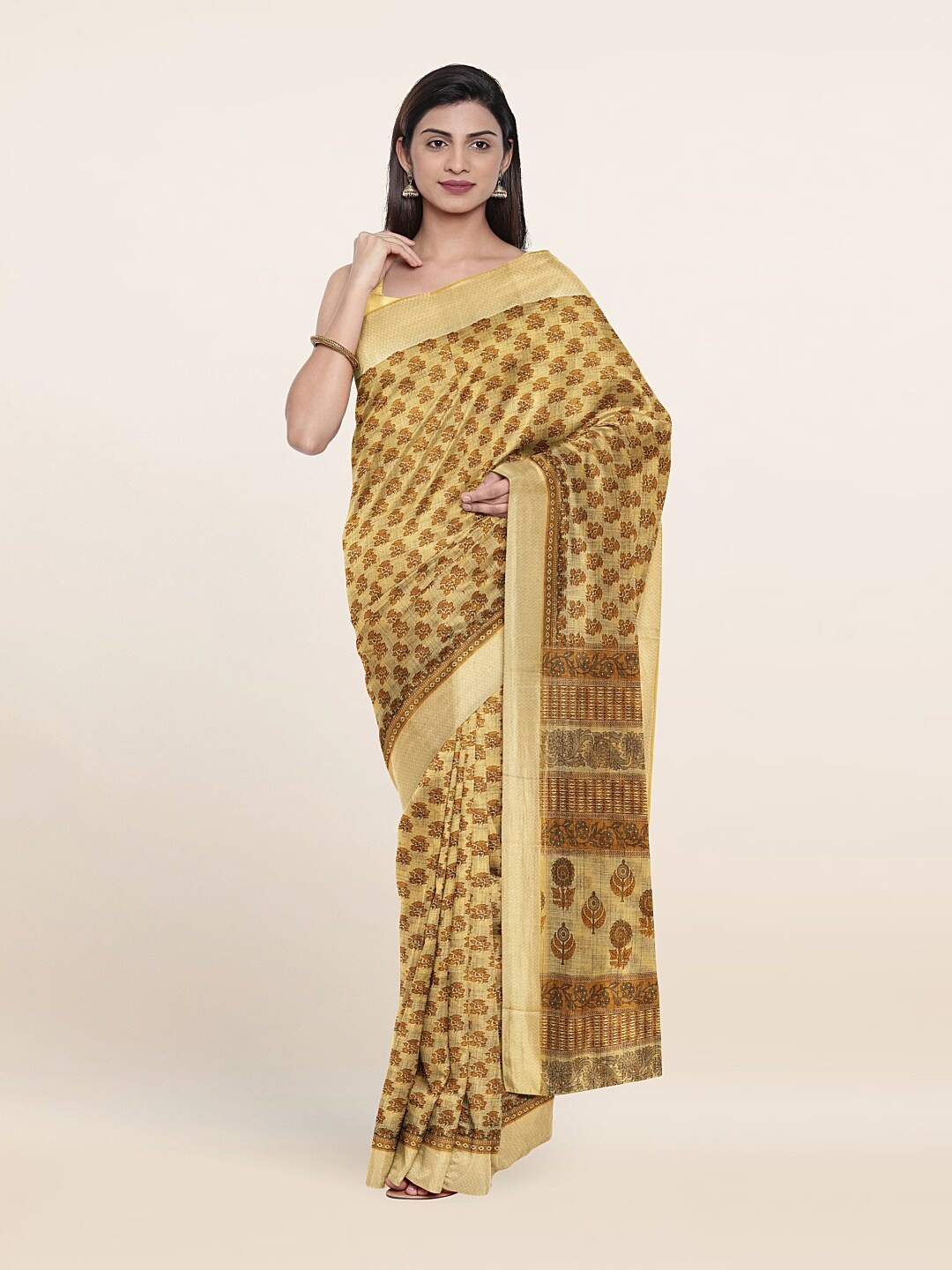 

Pothys Yellow & Beige Floral Zari Saree