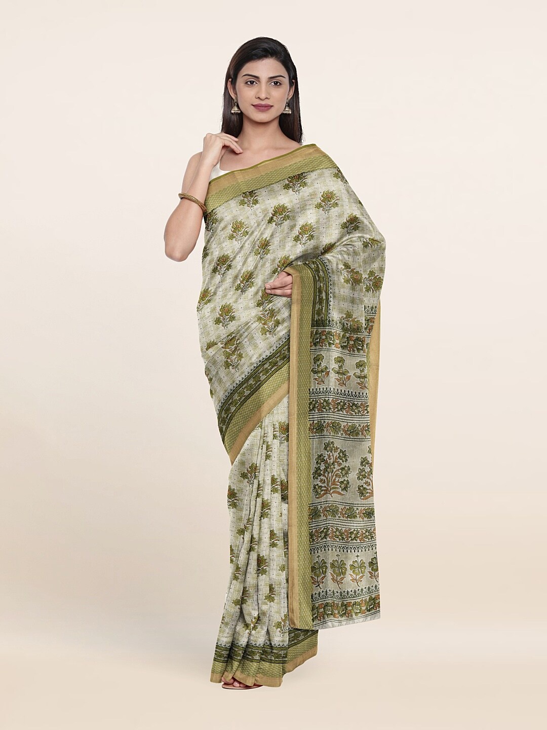 

Pothys Olive Green & Off White Floral Printed Cotton Blend Saree