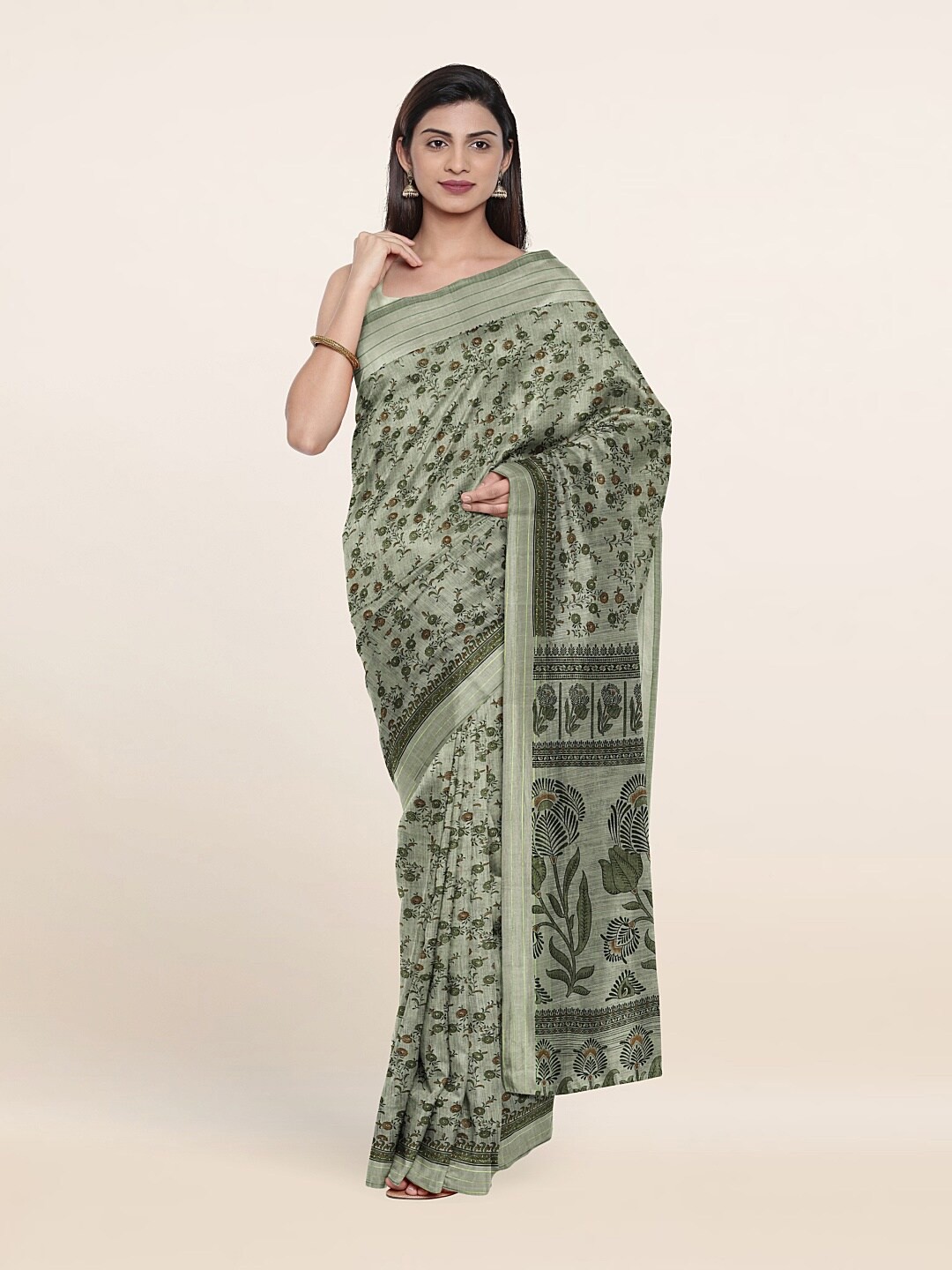 

Pothys Green & Olive Green Floral Printed Saree
