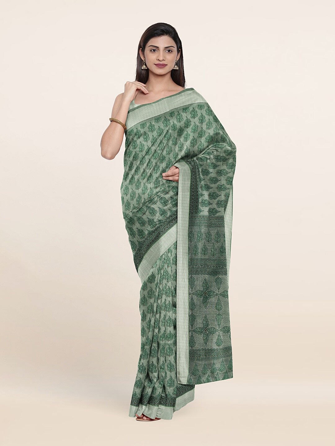 

Pothys Green & Grey Floral Saree