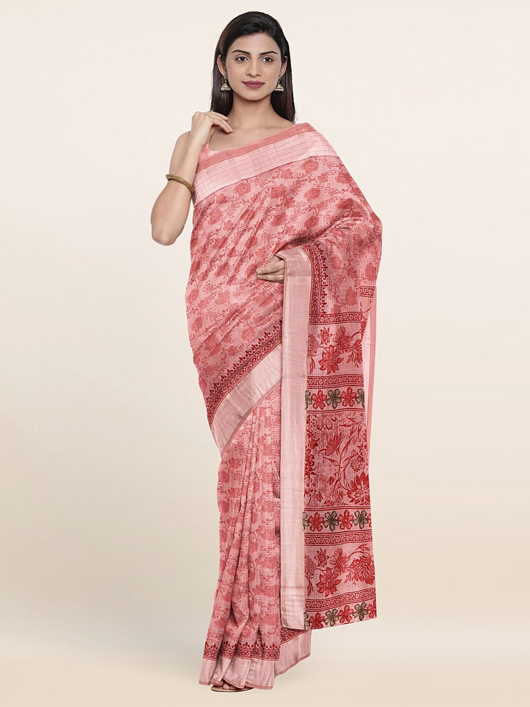 

Pothys Pink & Red Floral Printed Zari Saree