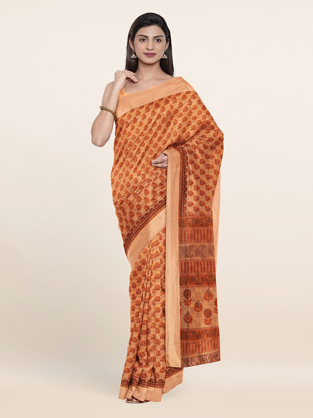 

Pothys Peach-Coloured & Red Floral Printed Cotton Blend Saree