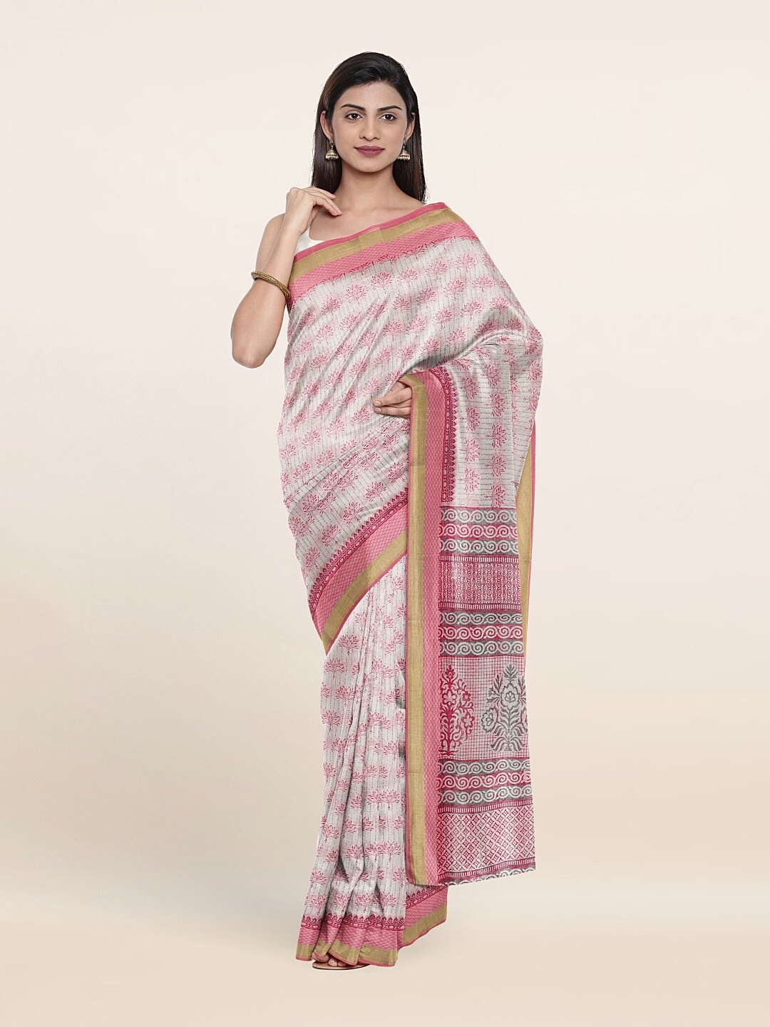 

Pothys Off White & Pink Ethnic Motifs Saree