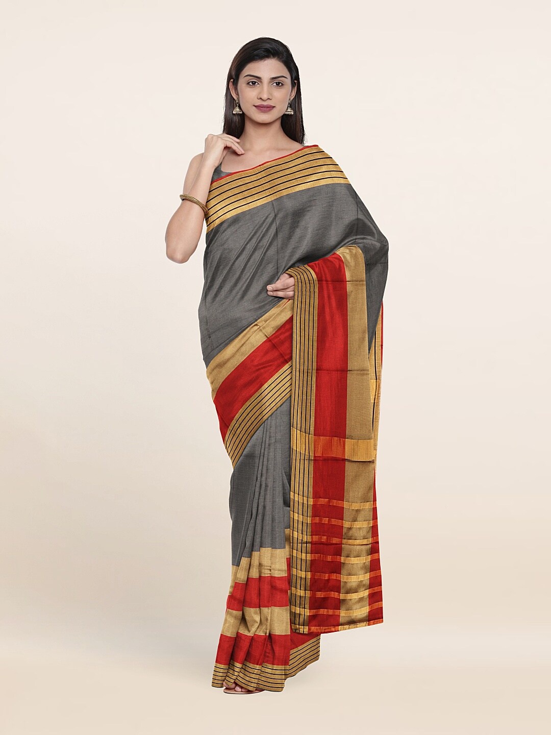 

Pothys Grey & Red Striped Saree