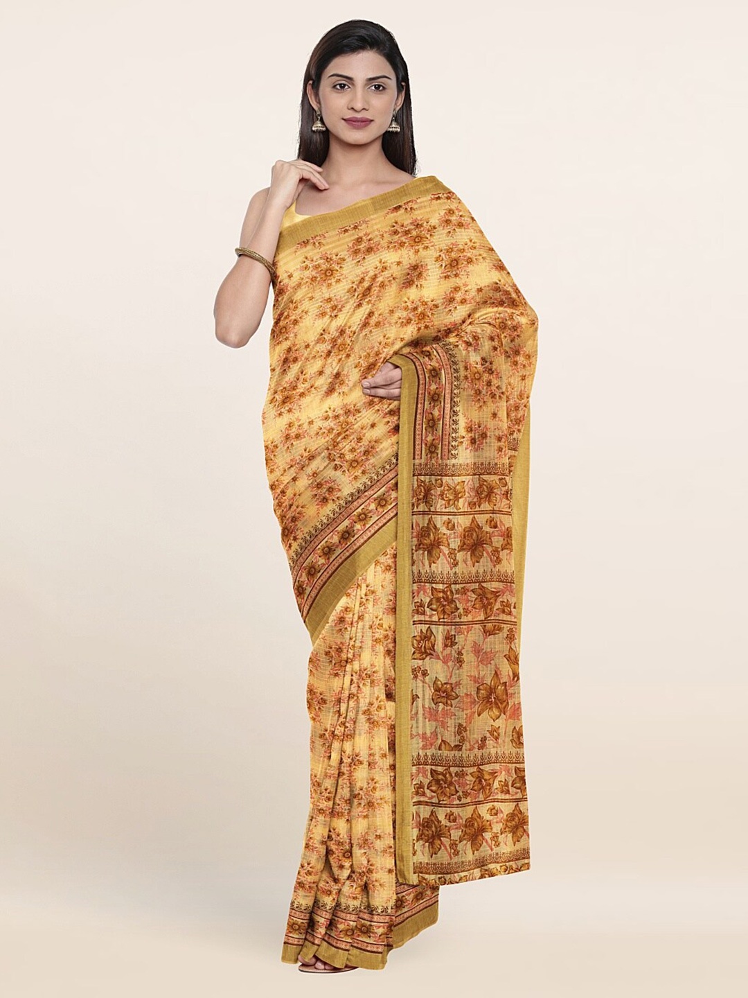 

Pothys Yellow & Brown Floral Cotton Blend Saree