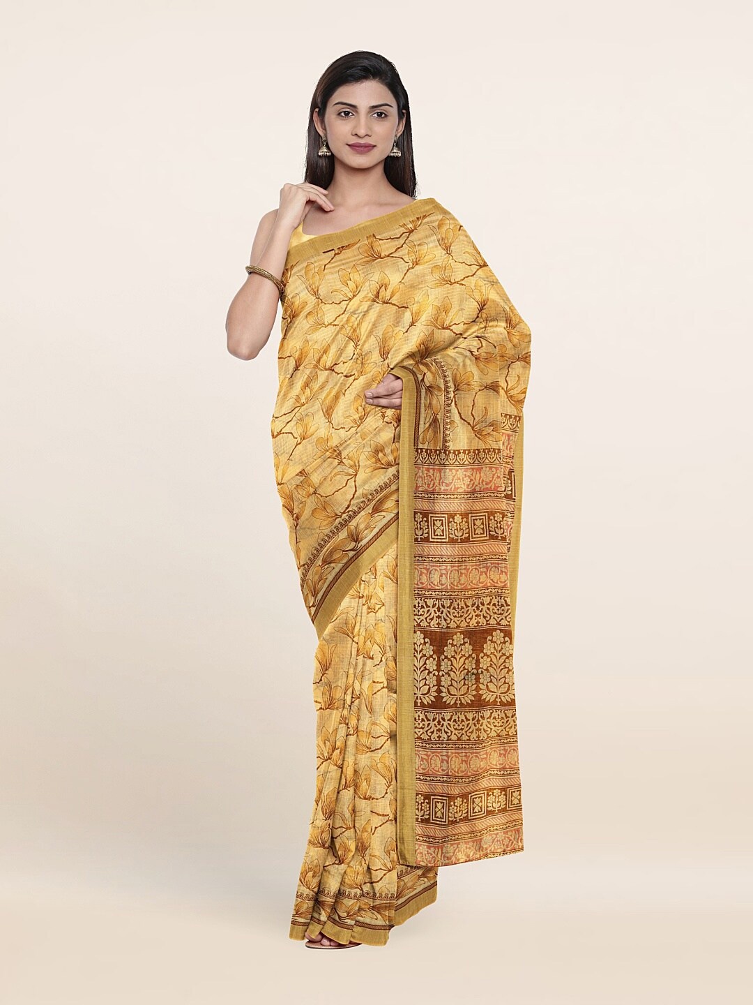 

Pothys Yellow & Brown Floral Saree