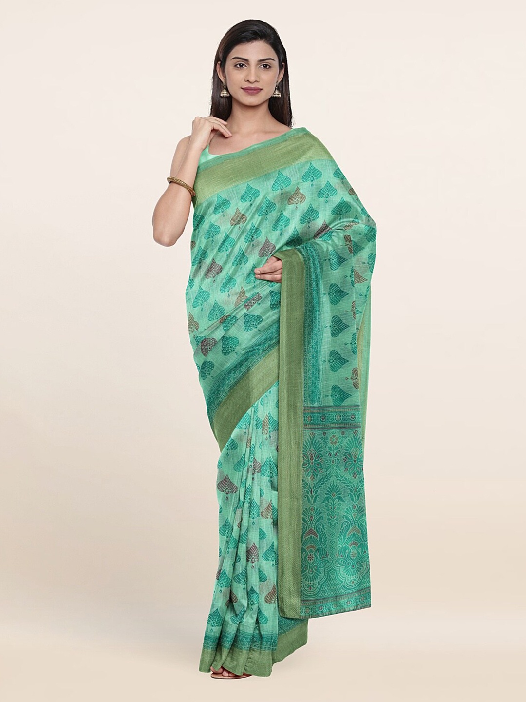 

Pothys Mint Green & Gold-Toned Ethnic Motifs Zari Saree