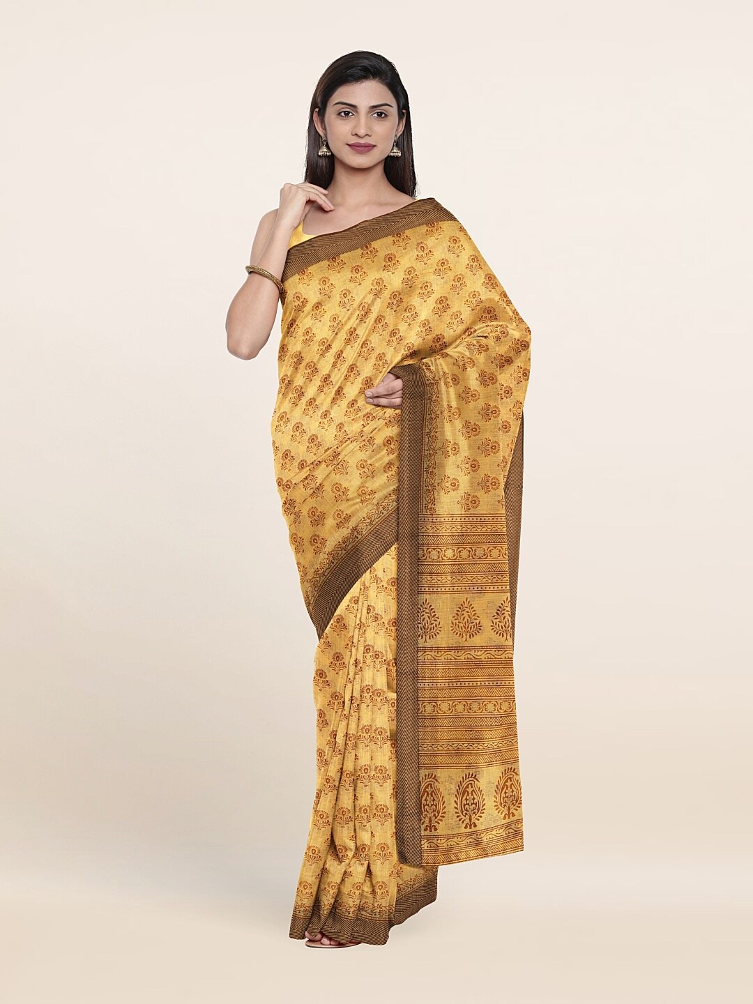 

Pothys Yellow & Brown Printed Floral Saree