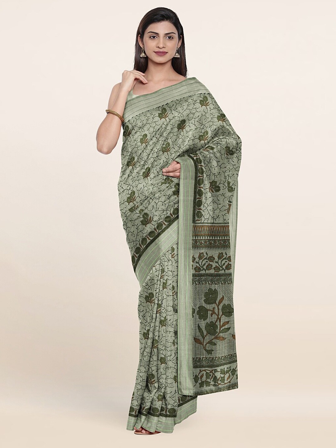 

Pothys Green & Olive Green Floral Cotton Blend Saree