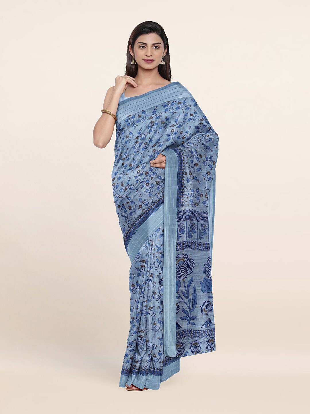 

Pothys Blue Ethnic Motifs Cotton Blend Saree