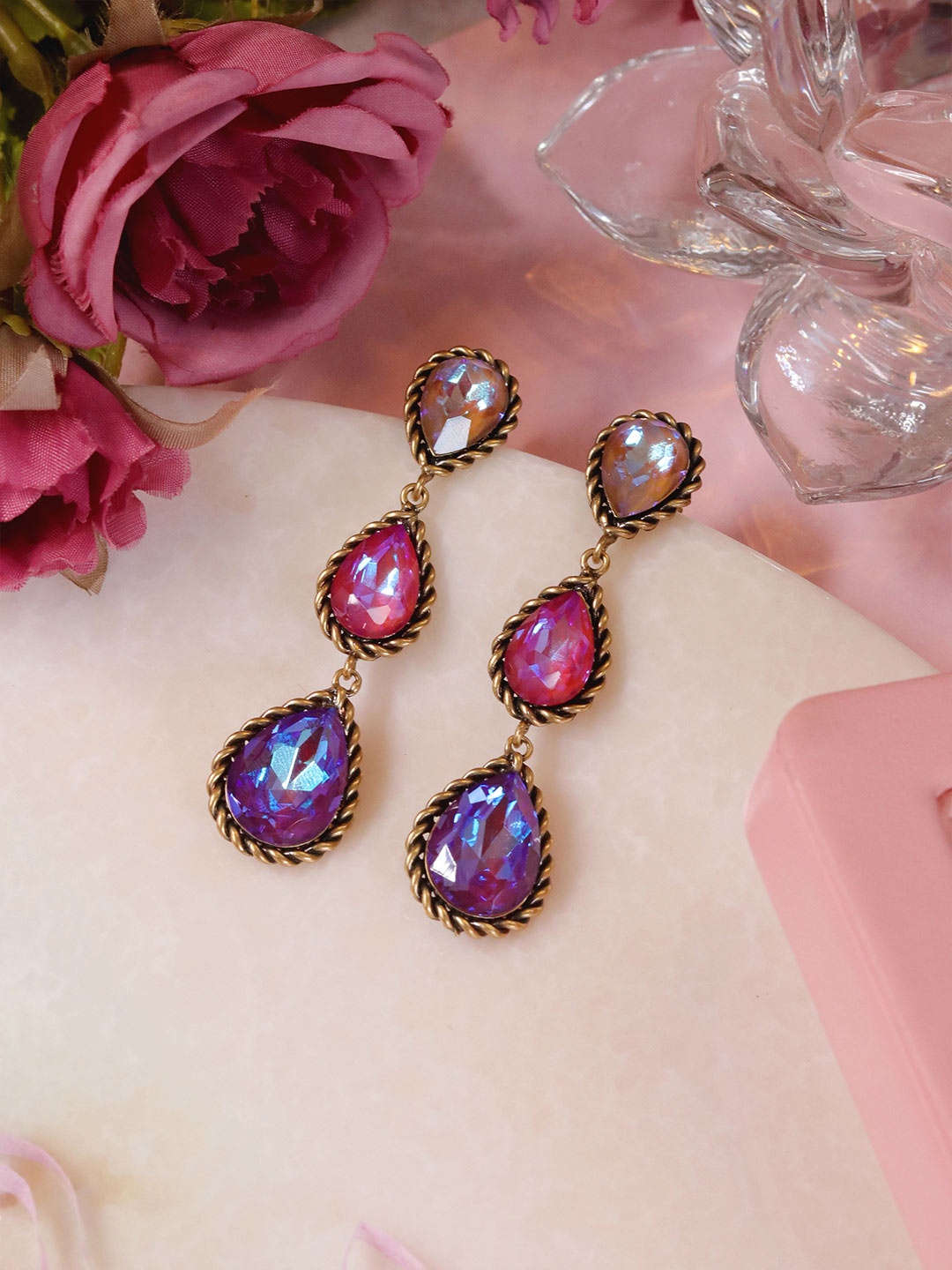 

Ishhaara Purple 3-Tiered Drop Earrings, Rose