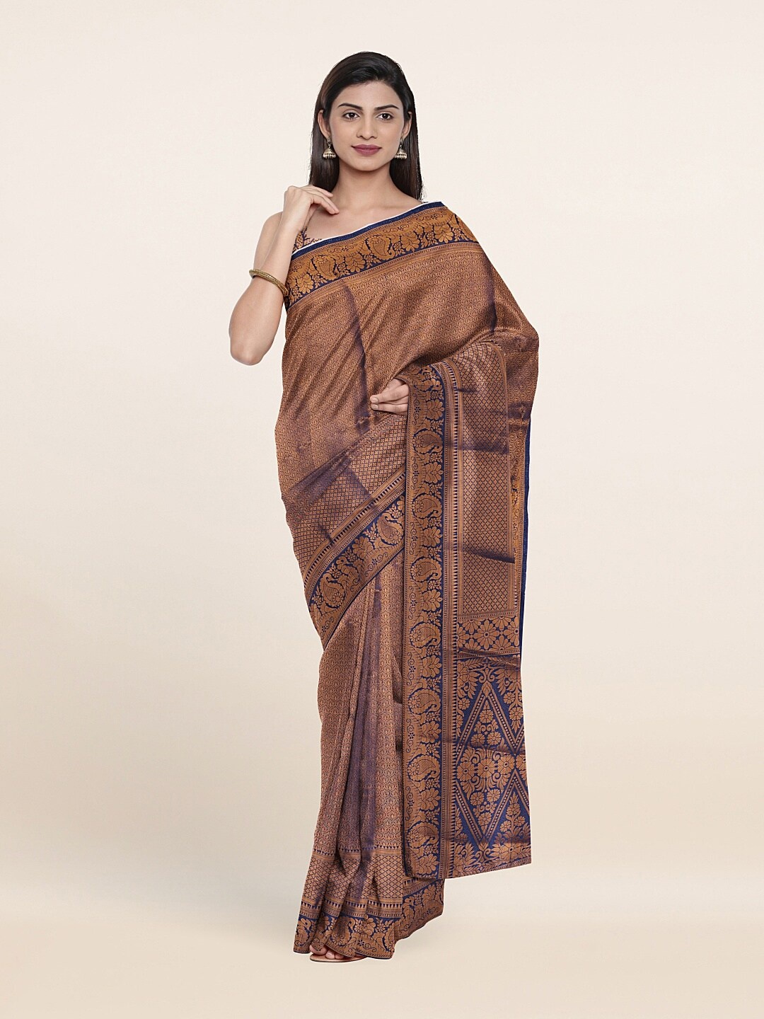 

Pothys Navy Blue & Copper-Toned Ethnic Motifs Art Silk Saree