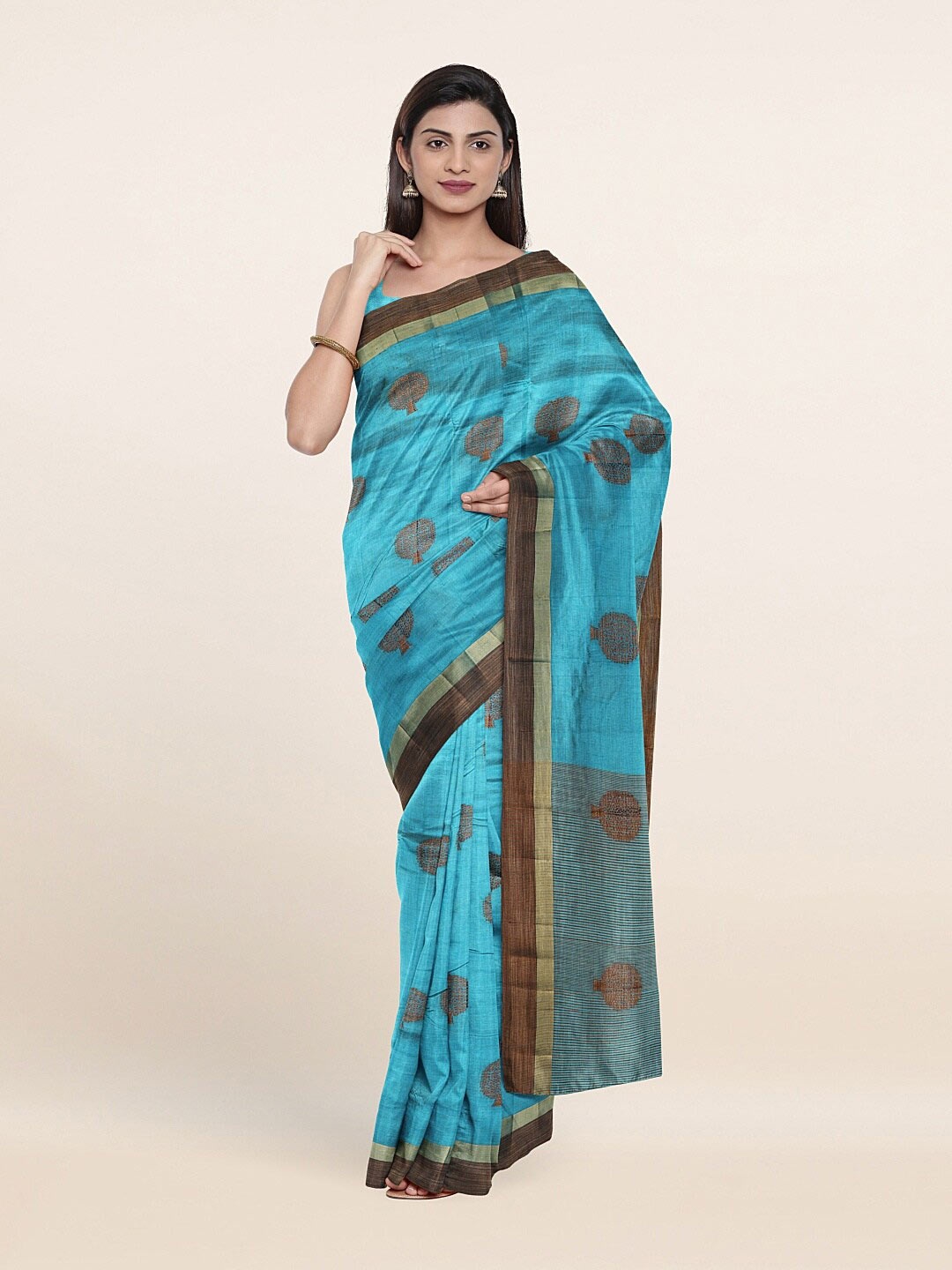 

Pothys Turquoise Blue & Brown Ethnic Motifs Saree