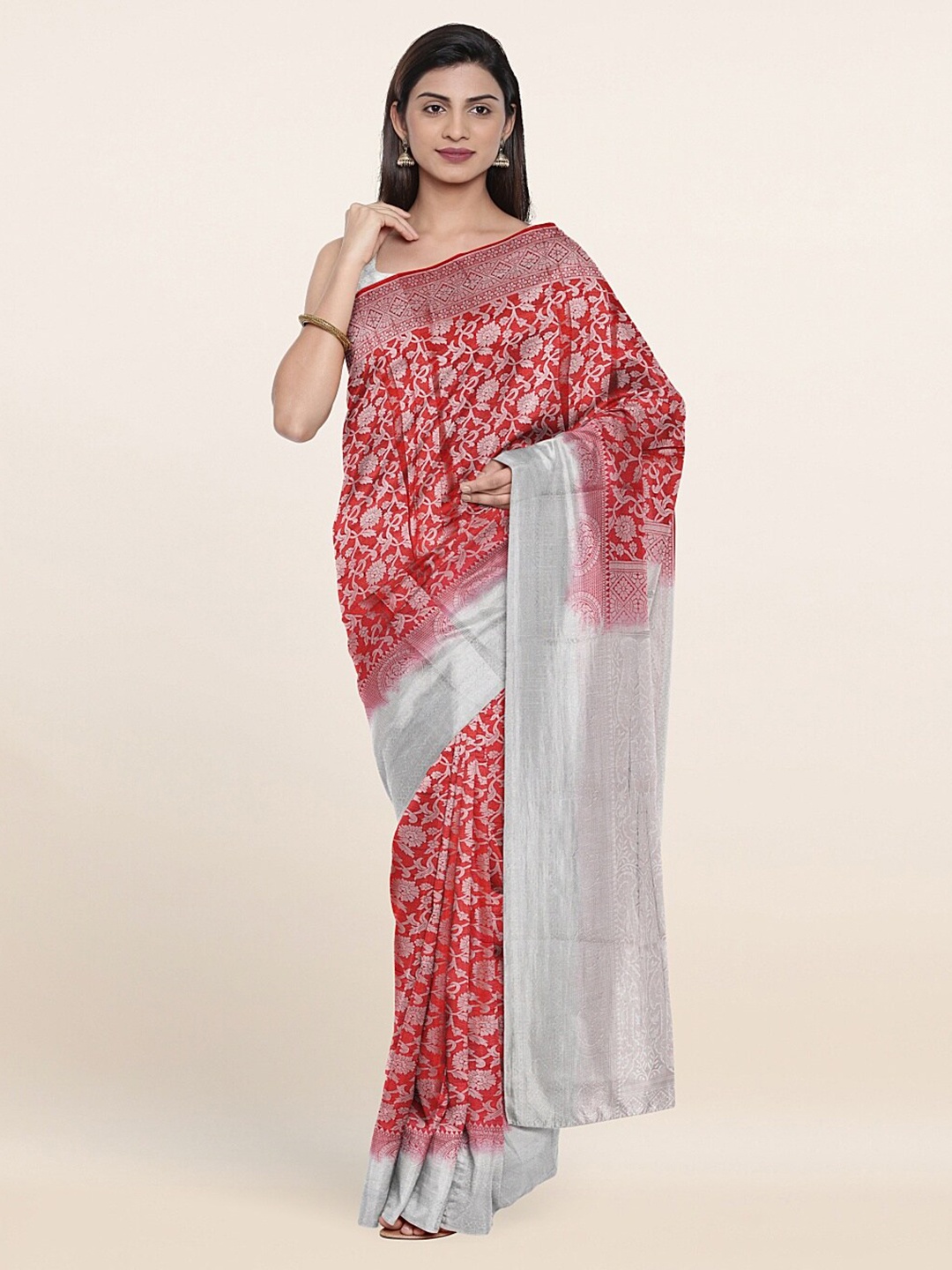 

Pothys Red & Grey Floral Art Silk Saree