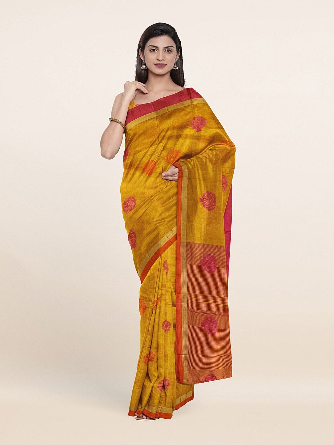 

Pothys Mustard & Red Ethnic Motifs Zari Saree