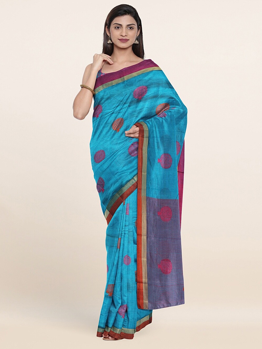 

Pothys Blue & Pink Floral Zari Saree