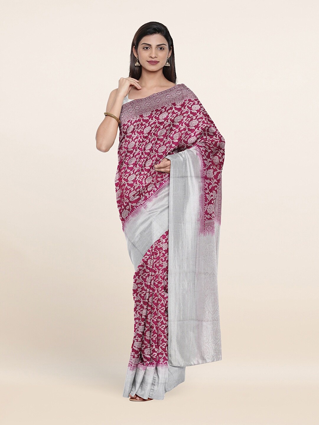 

Pothys Magenta & Grey Floral Art Silk Saree