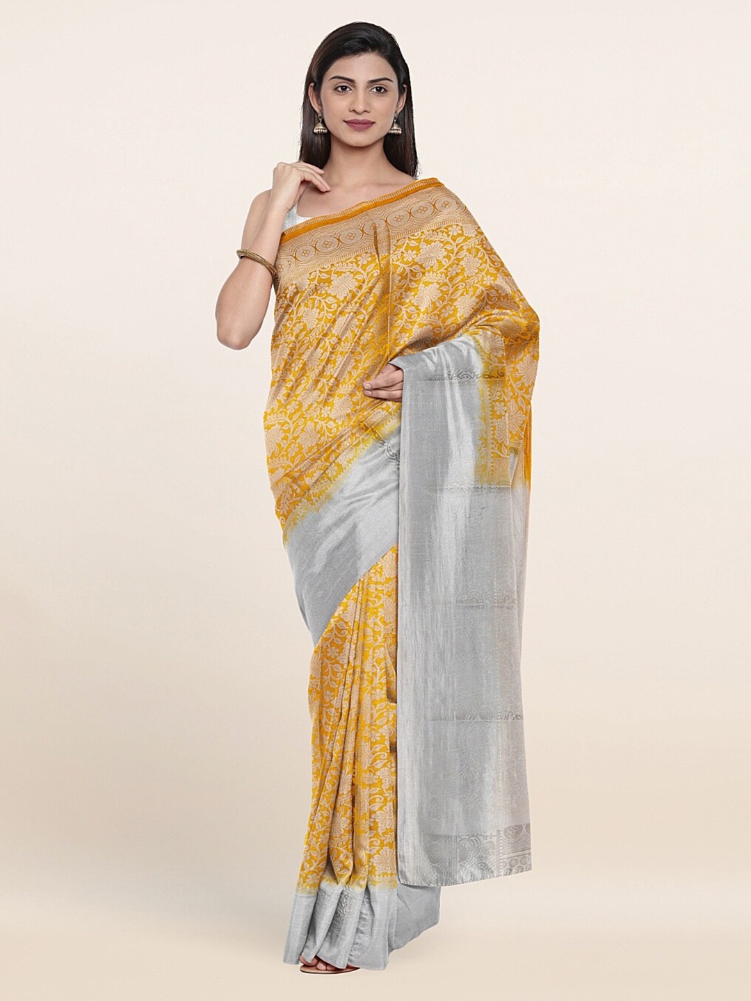 

Pothys Yellow & White Floral Zari Art Silk Saree
