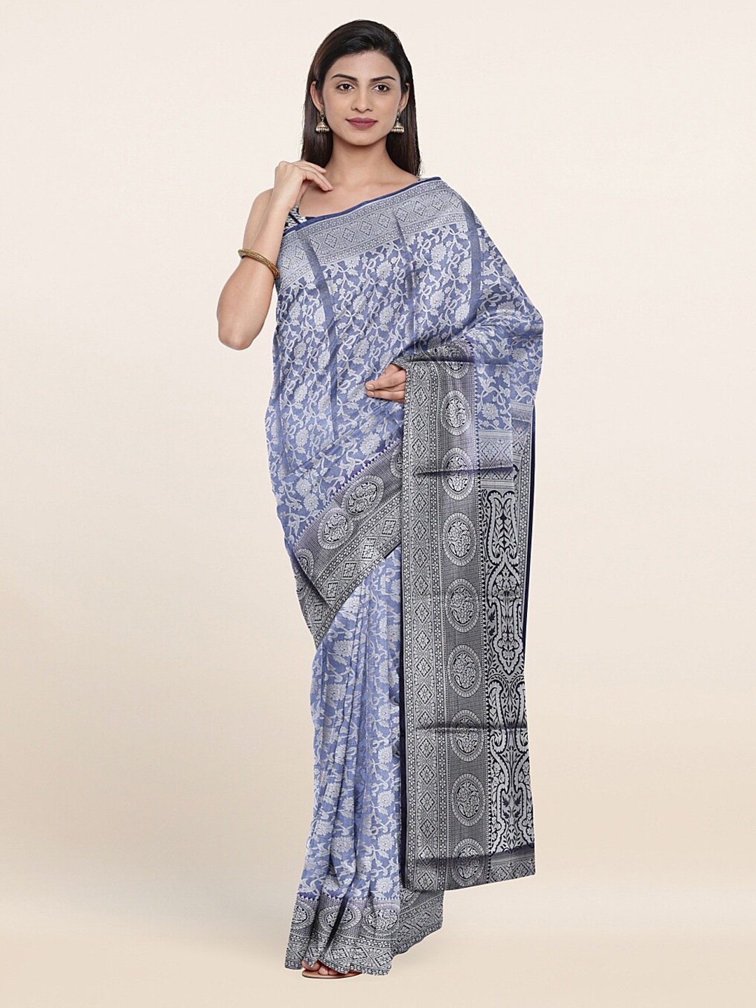 

Pothys Blue & Grey Floral Art Silk Saree
