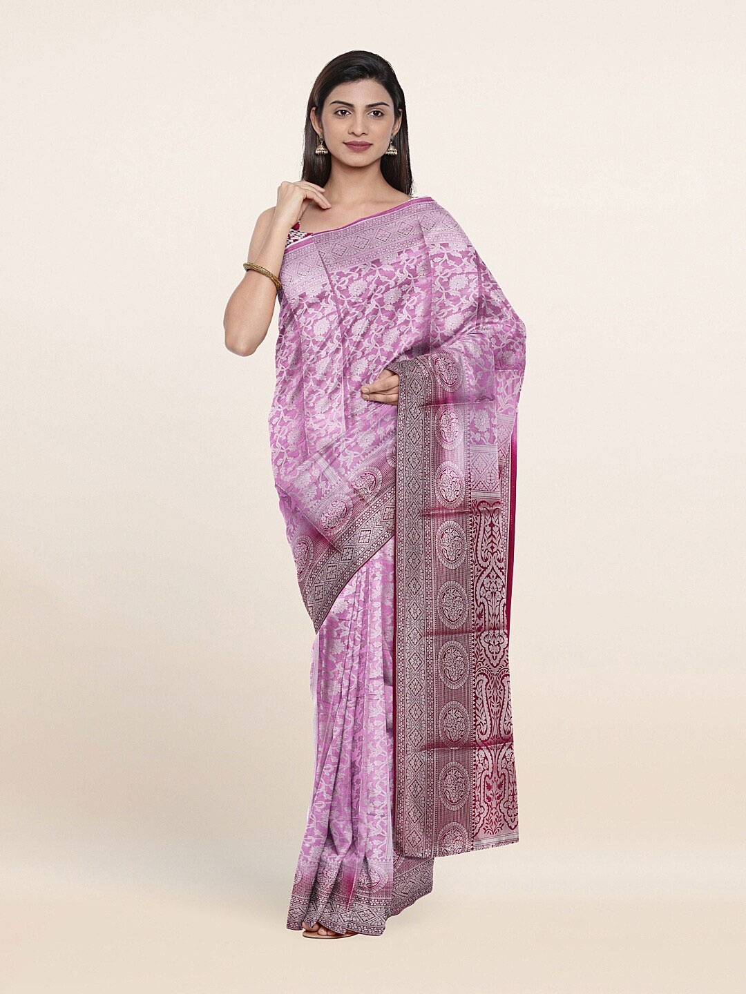 

Pothys Pink & Silver-Toned Floral Art Silk Saree