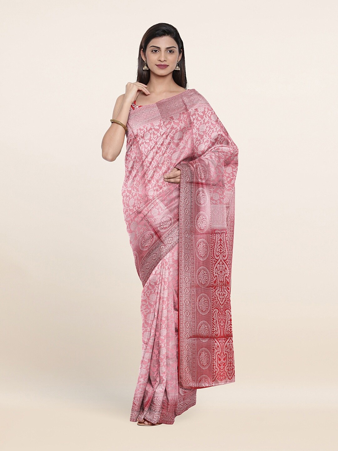 

Pothys Pink & Silver-Toned Ethnic Motifs Art Silk Saree