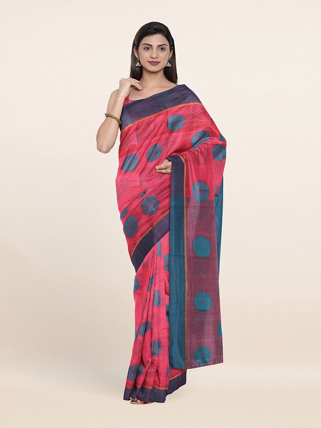 

Pothys Pink & Blue Floral Print Saree