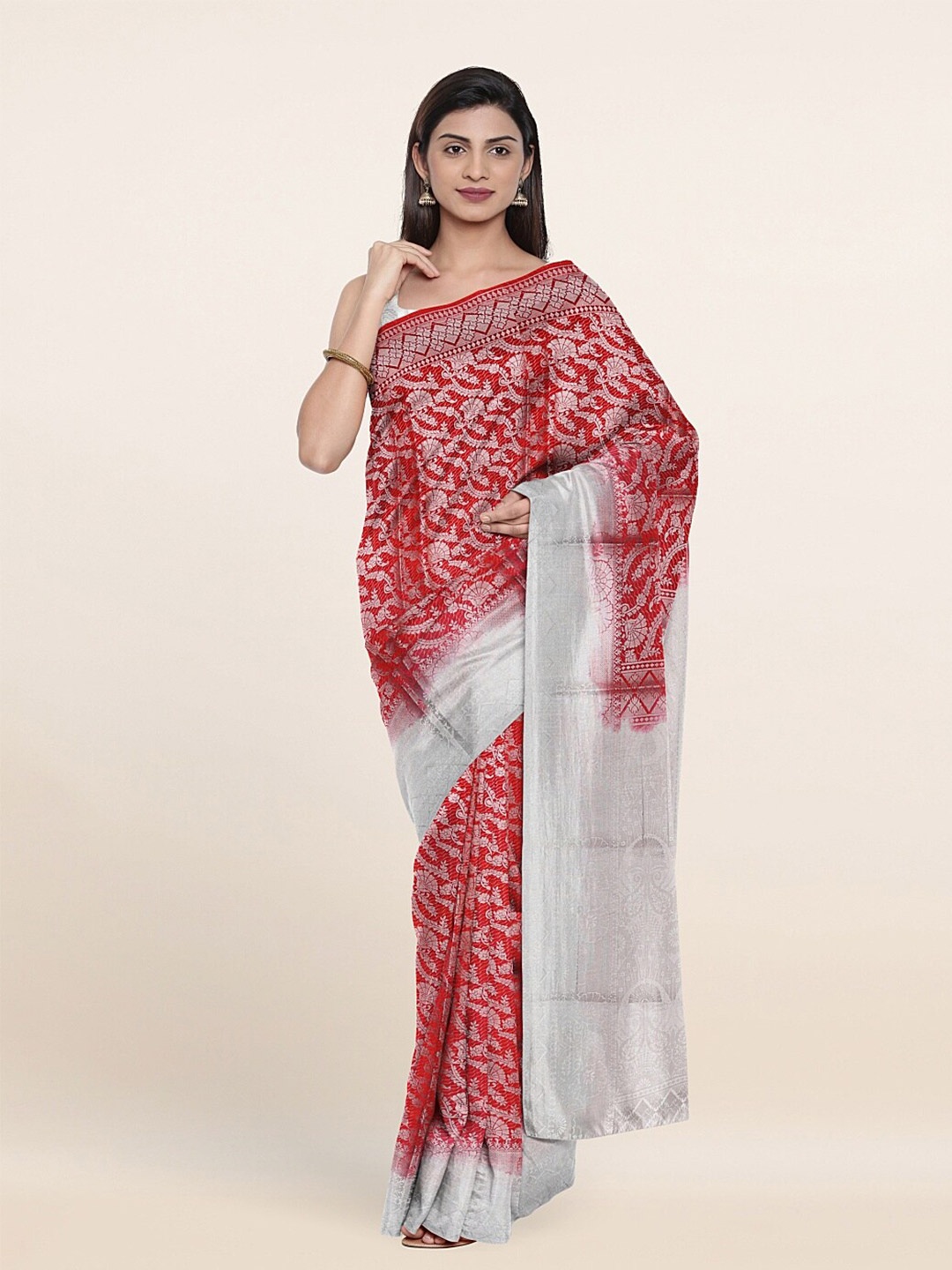 

Pothys Red & Silver-Toned Woven Design Art Silk Saree