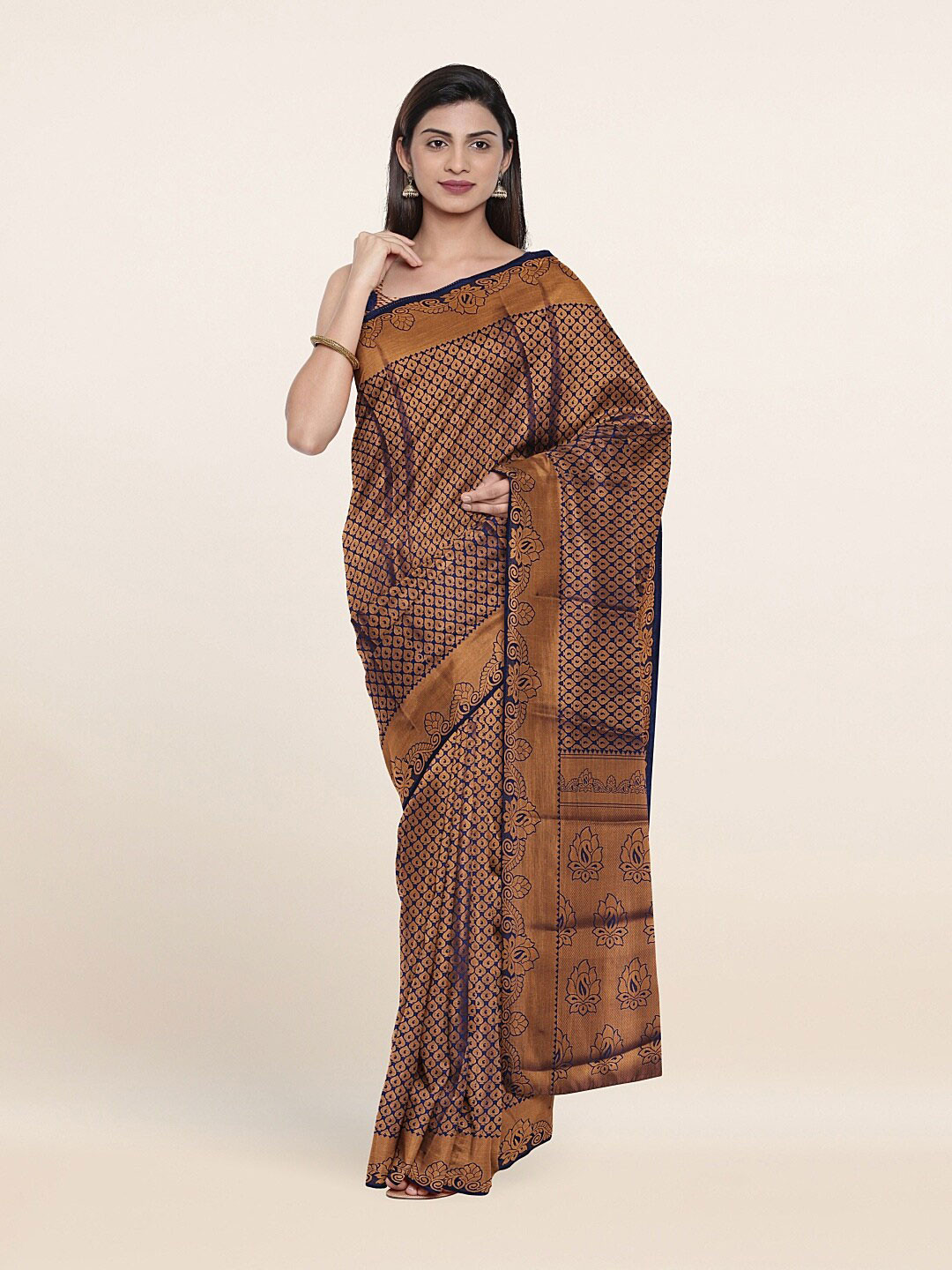 

Pothys Navy Blue & Copper-Toned Ethnic Motifs Zari Art Silk Saree