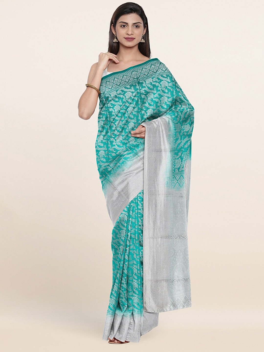 

Pothys Green & Silver-Toned Ethnic Motifs Art Silk Saree