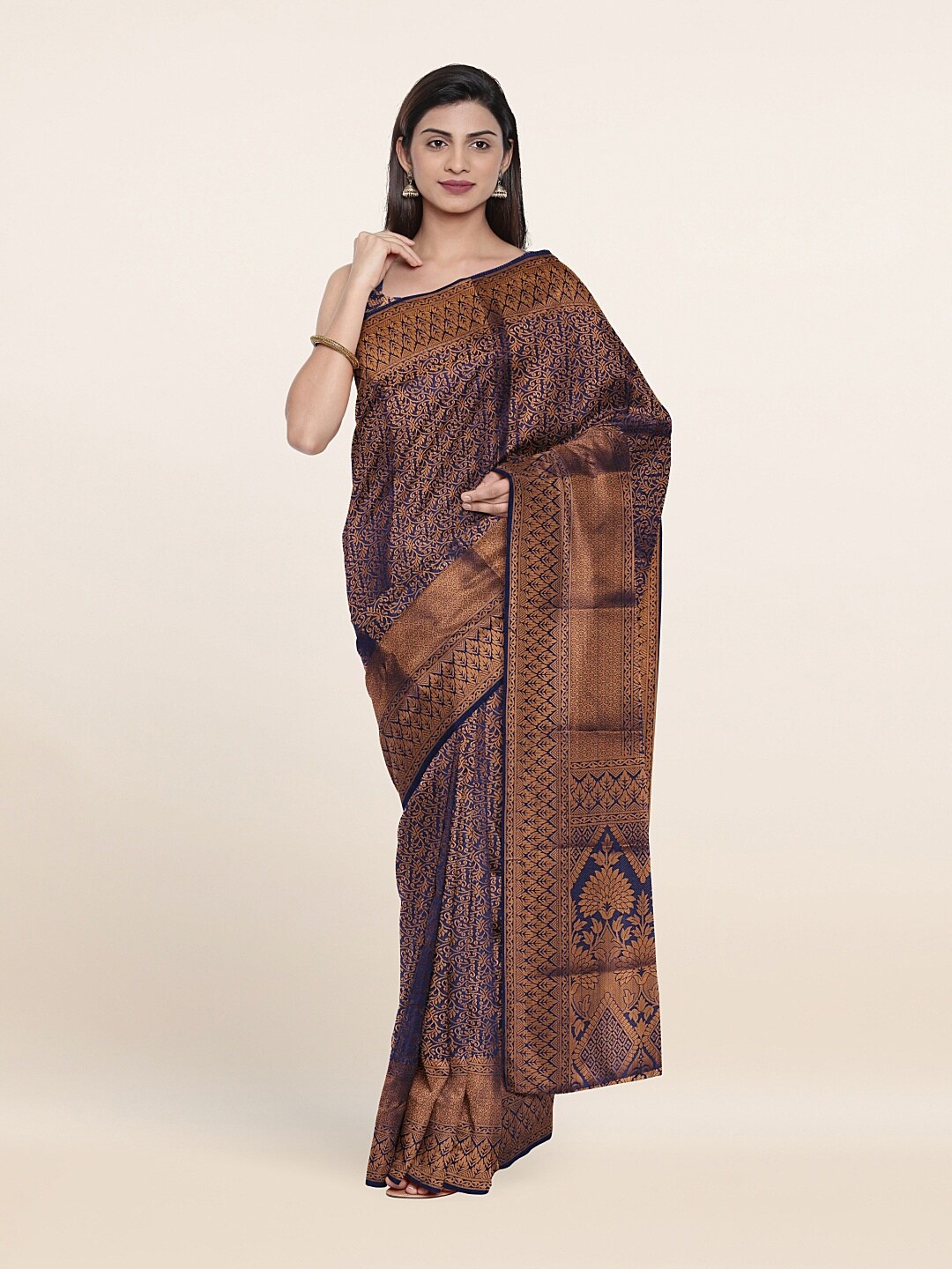 

Pothys Navy Blue & Gold-Toned Ethnic Motifs Zari Art Silk Saree