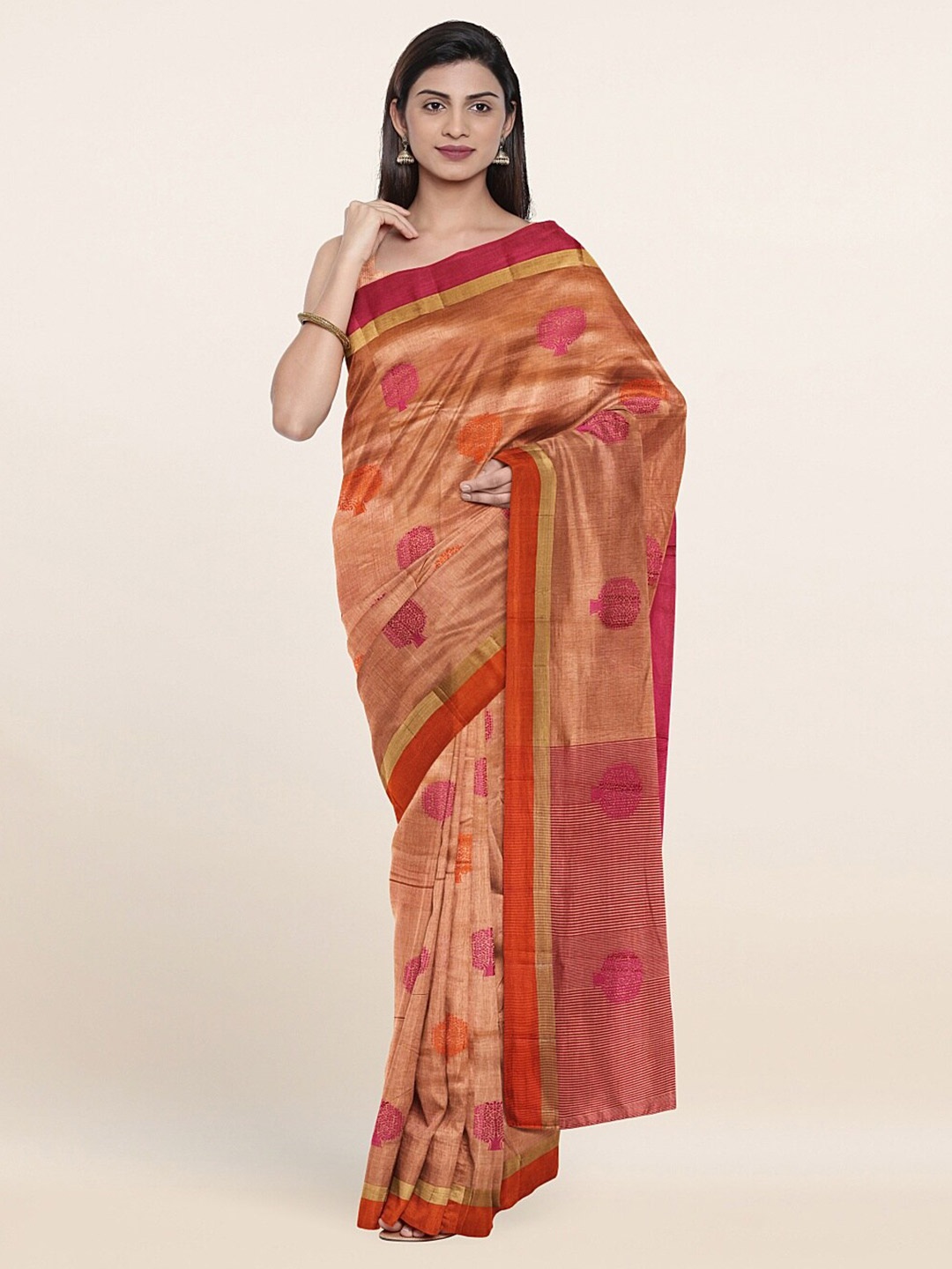 

Pothys Peach-Coloured & Magenta Ethnic Motifs Cotton Blend Saree