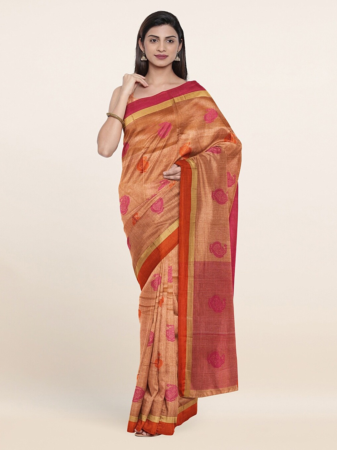 

Pothys Peach-Coloured & Pink Paisley Saree