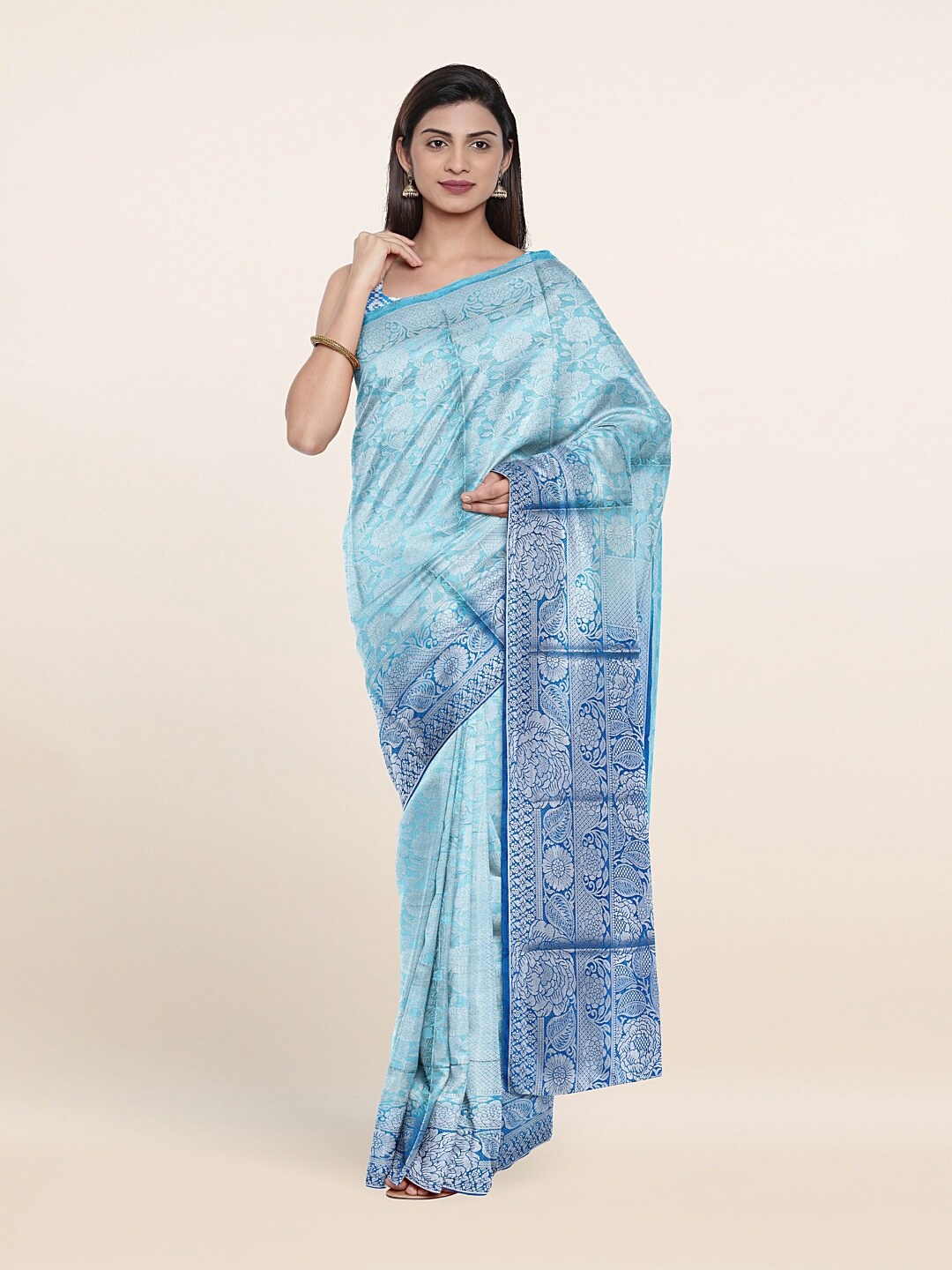

Pothys Blue & Silver-Toned Floral Art Silk Saree
