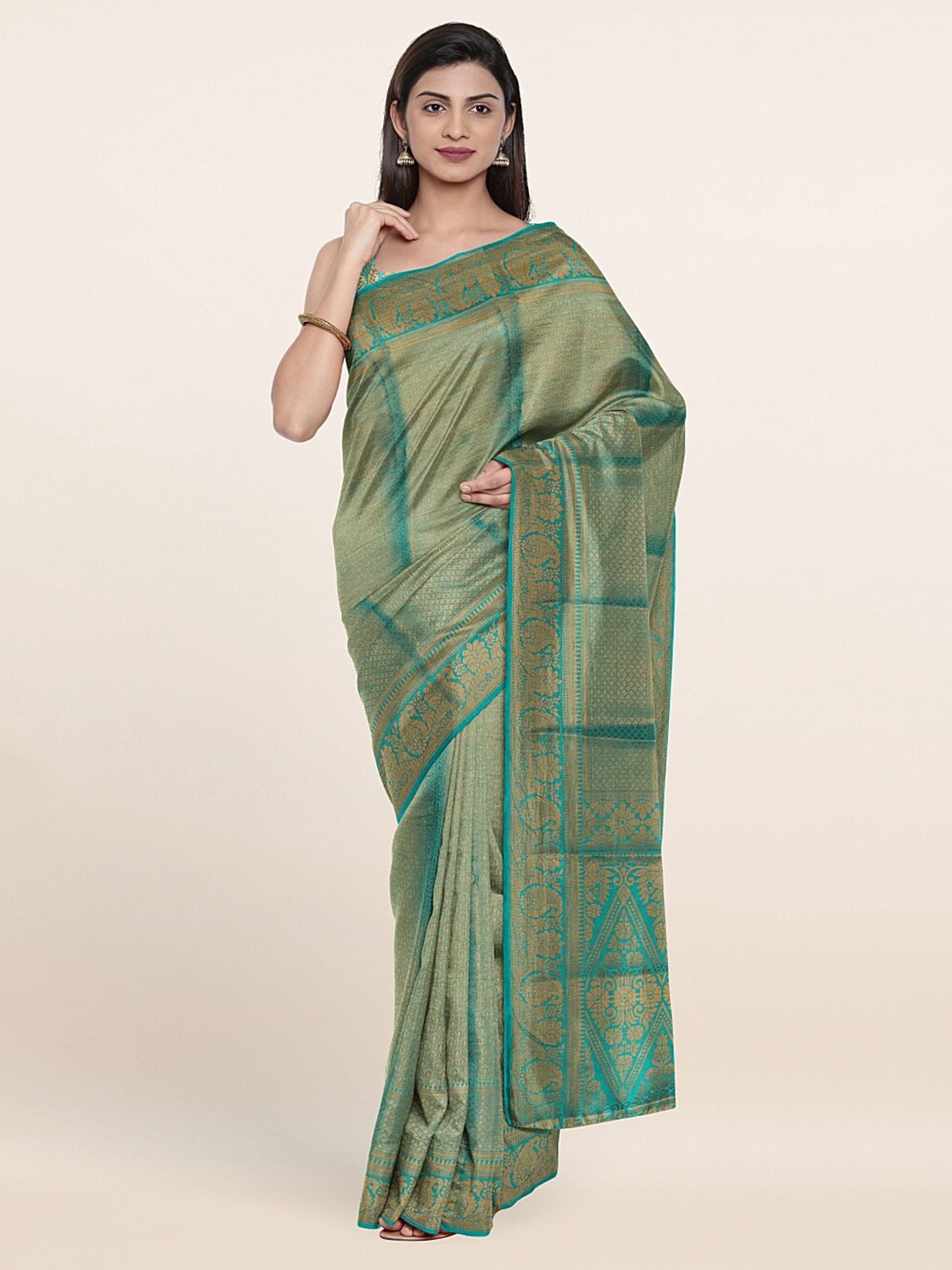

Pothys Green & Gold-Toned Woven Design Embroidered Art Silk Saree