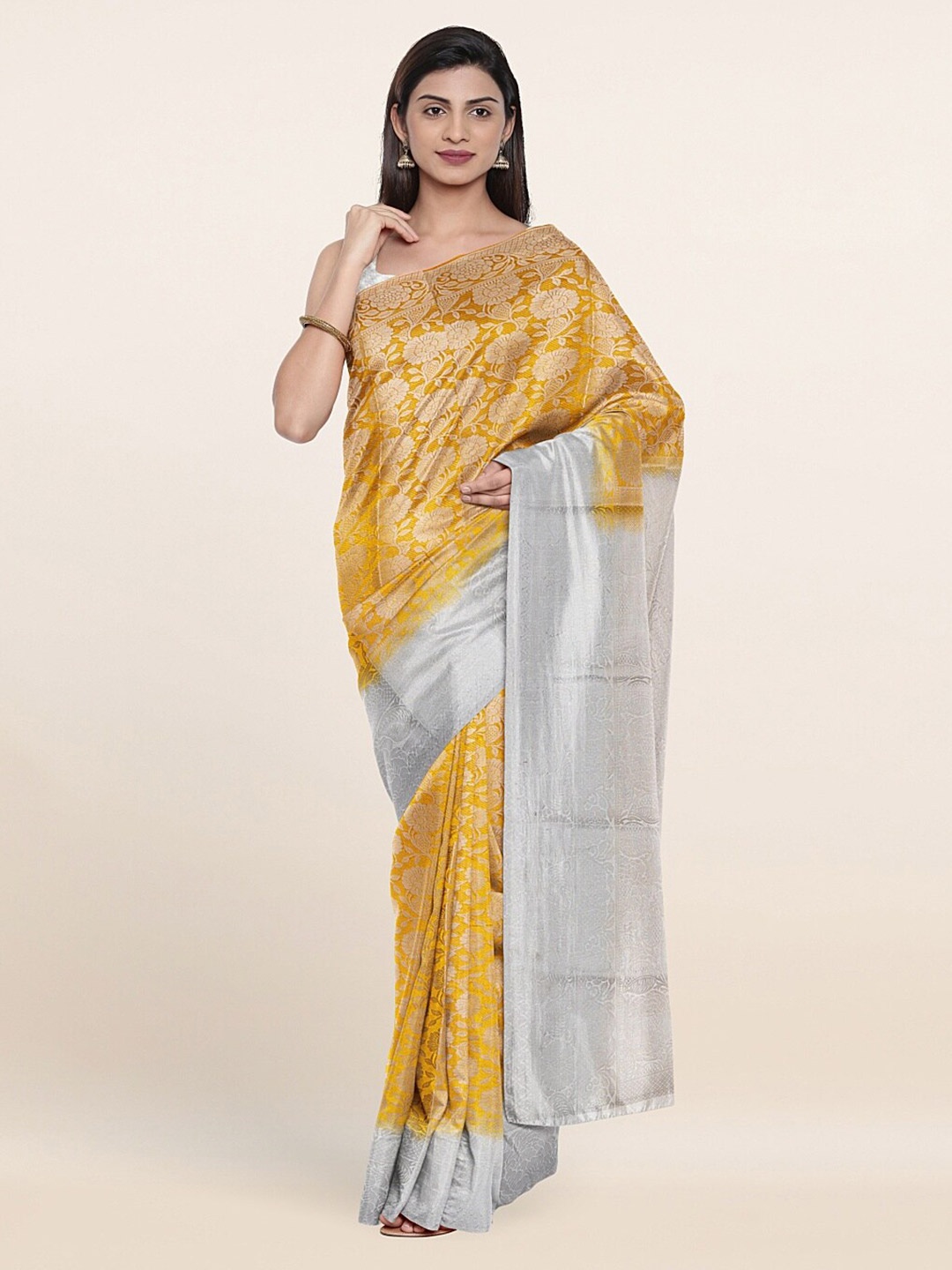 

Pothys Yellow & Silver-Toned Floral Art Silk Saree