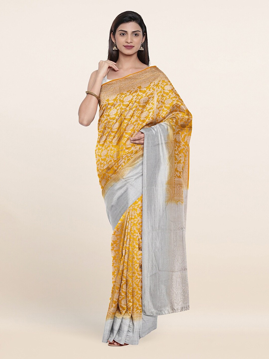 

Pothys Yellow & Silver-Toned Ethnic Motifs Zari Art Silk Saree