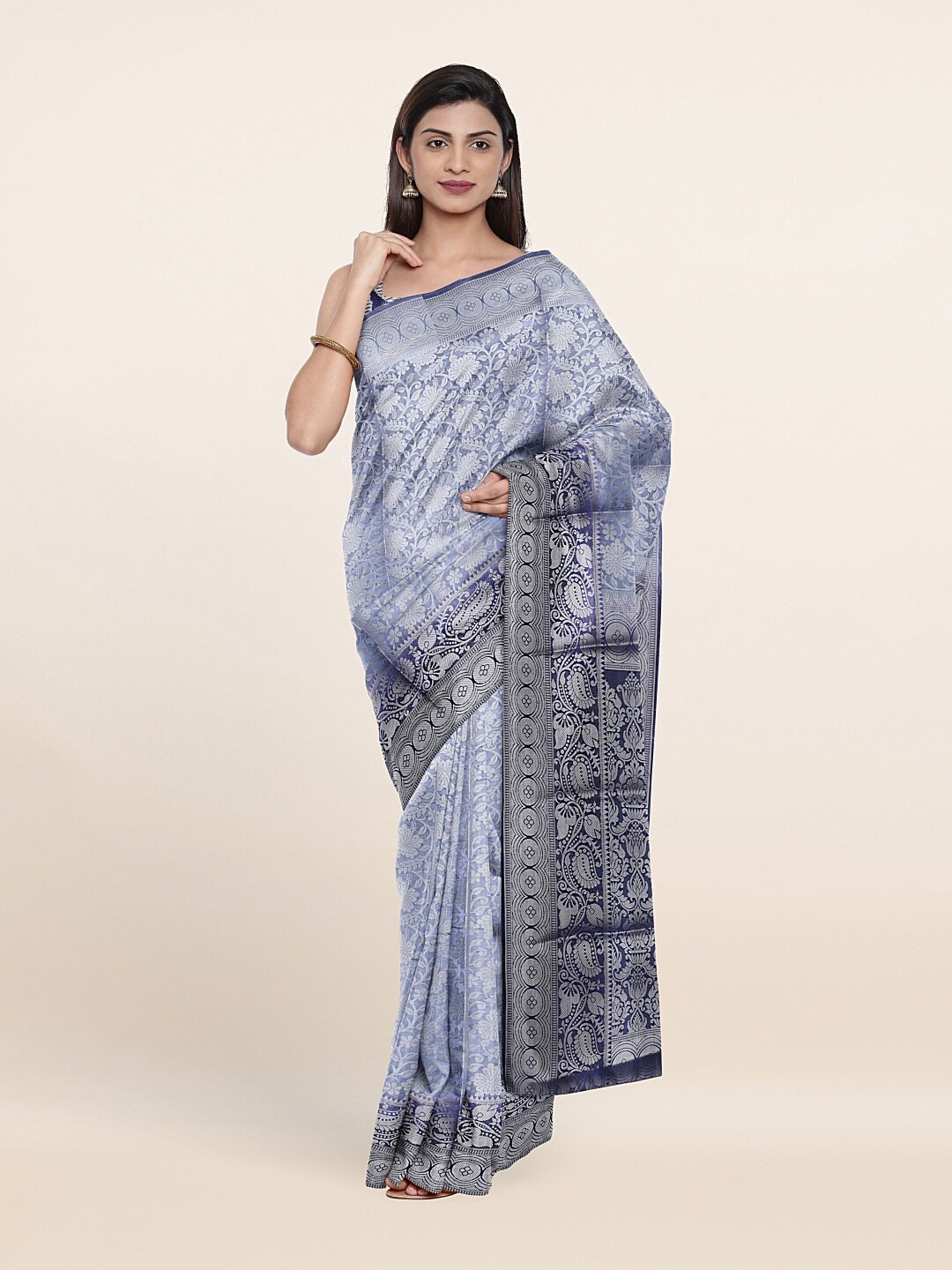 

Pothys Blue & Silver-Coloured Ethnic Motifs Art Silk Saree