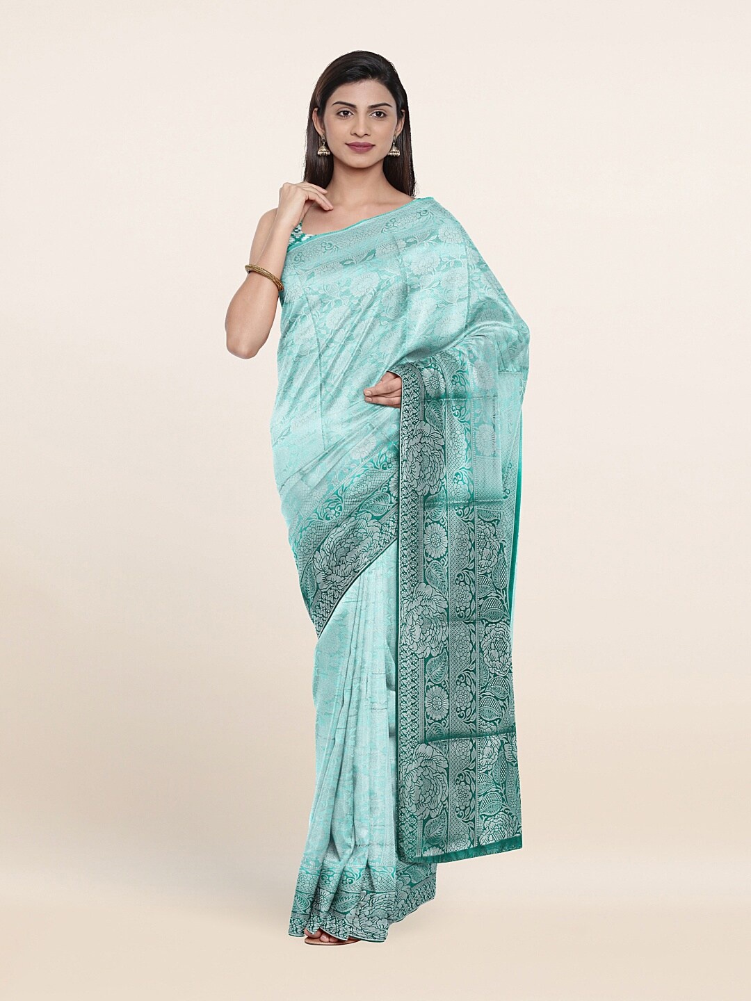 

Pothys Green & Grey Floral Art Silk Saree